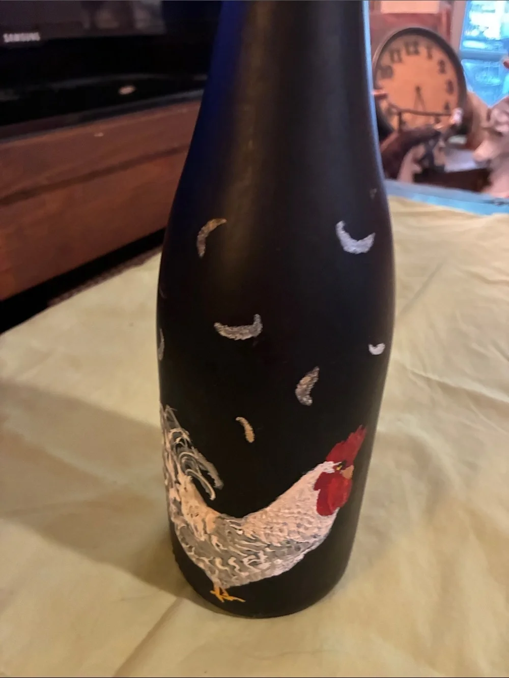Decorative Hand Painted Chicken-Black Bottle Candle Holder with Floral Accent